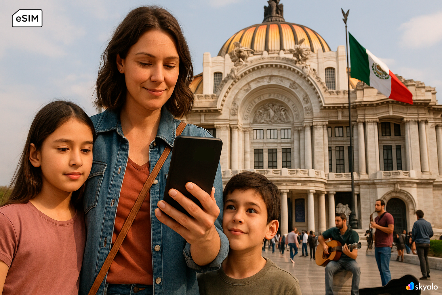 Zócalo and Palacio de Bellas Artes; family preparing to visit, downloading an audio guide via eSIM, crowds and flags around