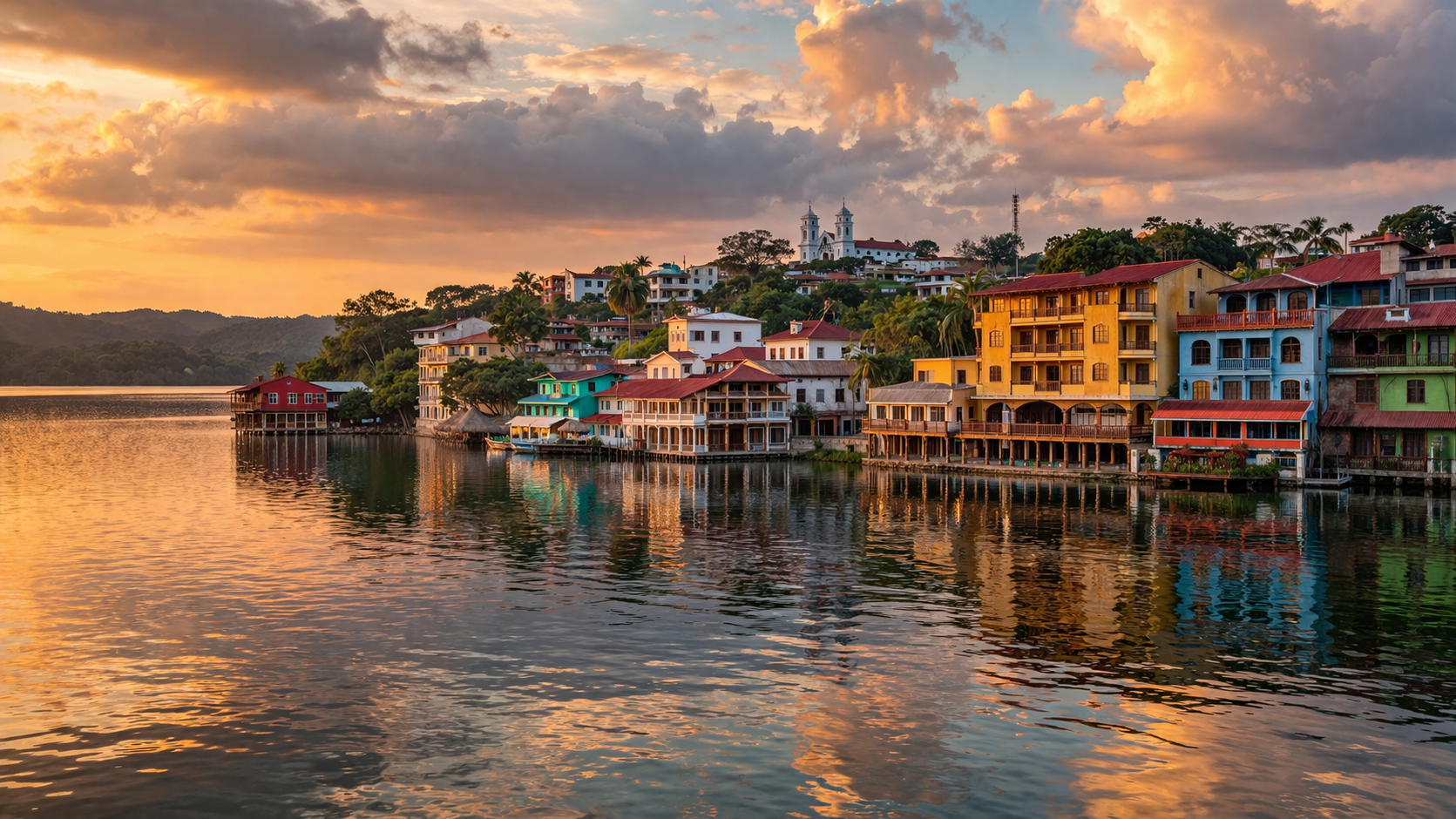 פלורס בגואטמלה עם בתים צבעוניים על המים, אווירה איים ואגם פטן איצה שקט