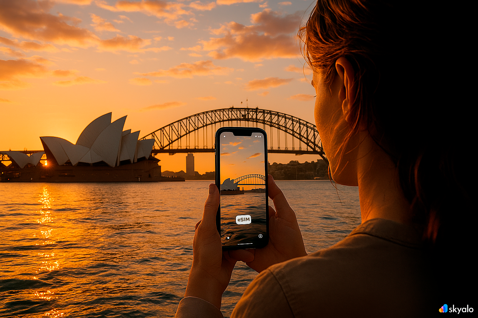 Sydney Opera House and Harbour Bridge; connected via Skyalo eSIM, golden sunset over the harbour