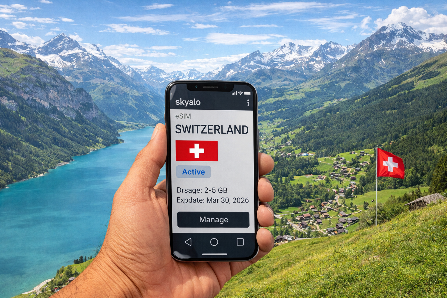 Aktywna eSIM na smartfonie podróżnego w Szwajcarii na tle alpejskiego jeziora i górskiego krajobrazu - mobilny internet do podróży bez roamingu.