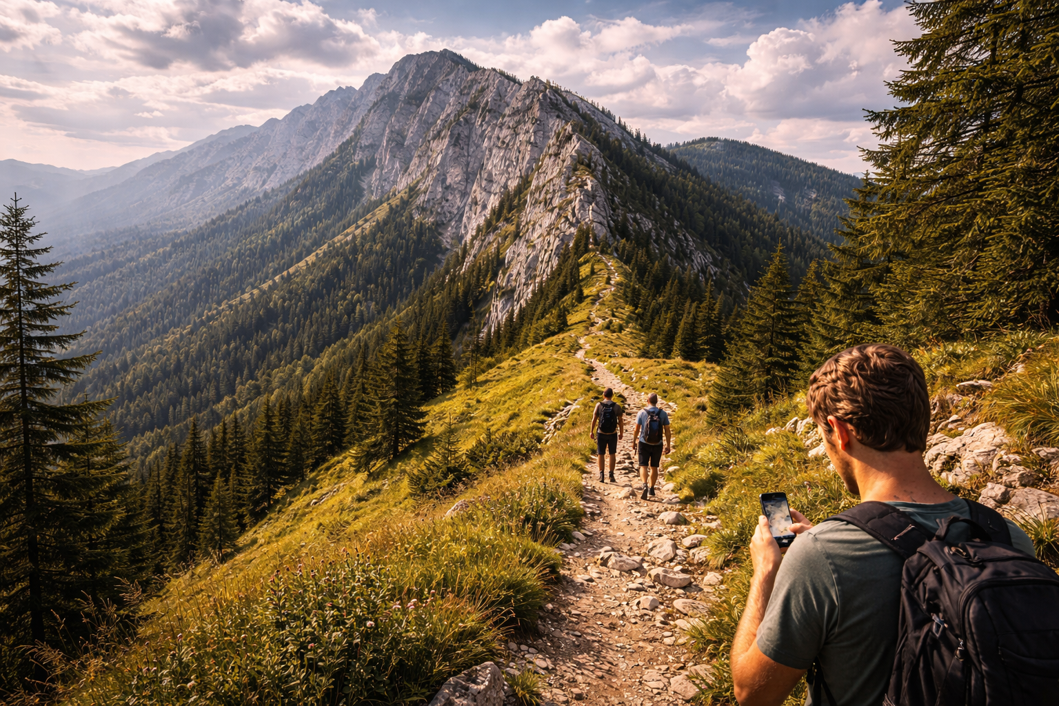 The Piatra Craiului ridge and a trekking trail.