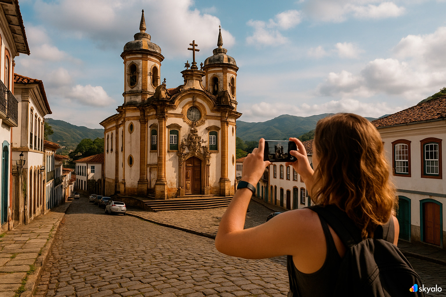 Tourist photographing a baroque church in Ouro Preto, cobblestone streets and old houses in view