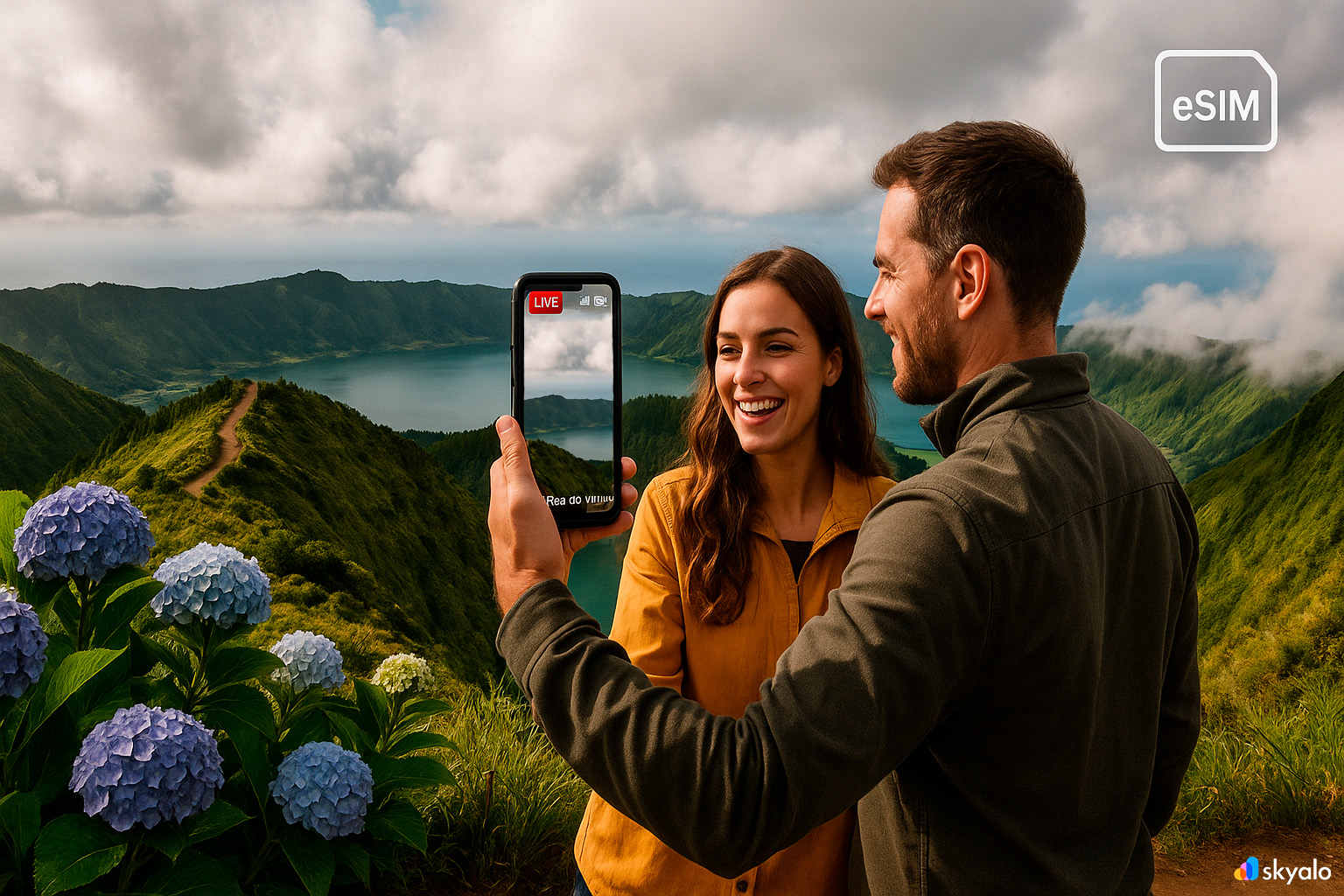 Couple live-streaming on the Boca do Inferno trail; Skyalo eSIM keeps them connected among the crater lakes