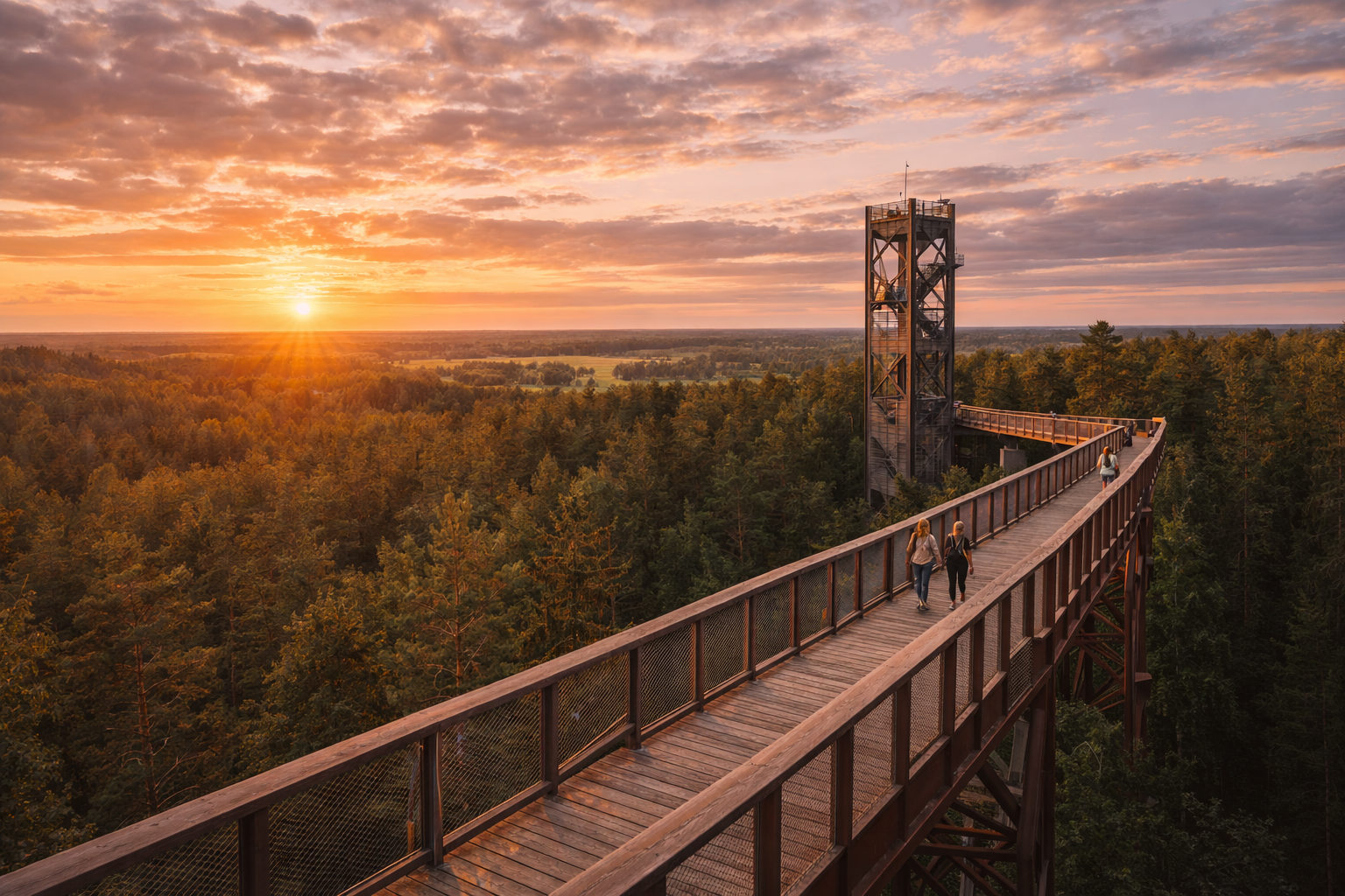 Treetop walk in Anykščiai with a viewing tower above a pine forest