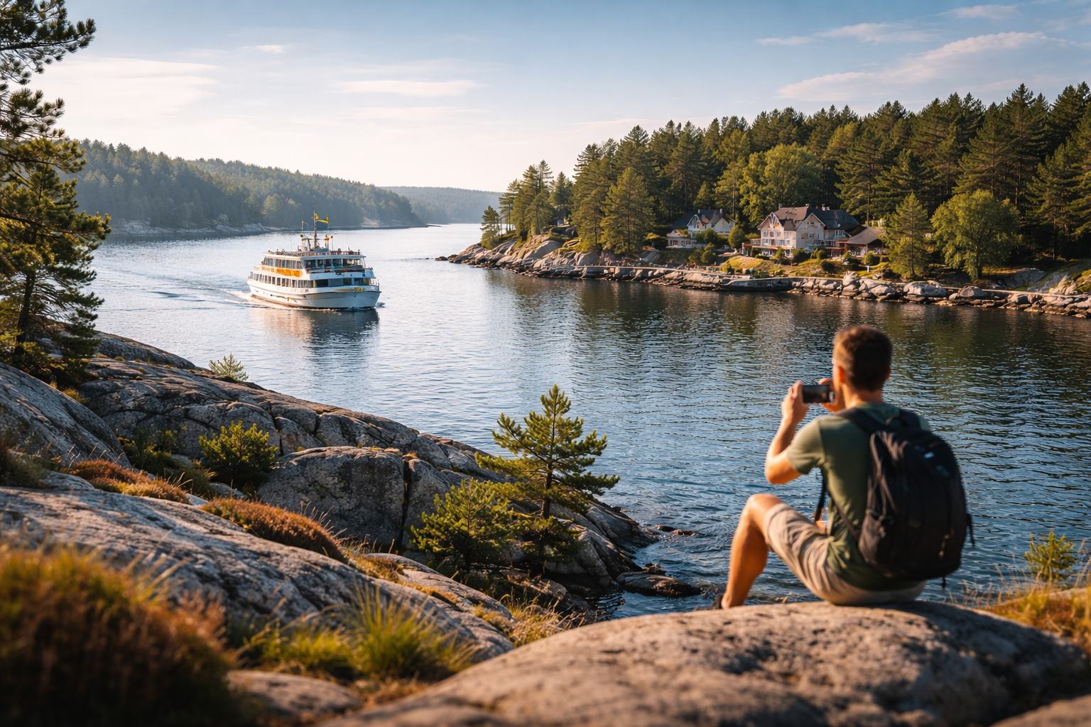 Rocky shoreline of the Stockholm archipelago, and a tourist photographs the landscape