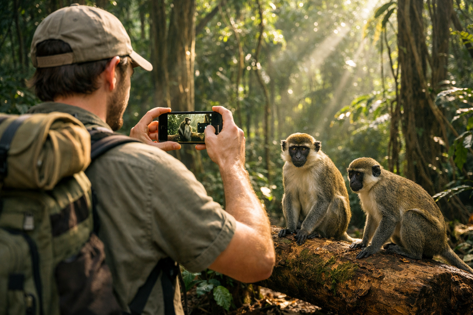 Monkeys at the Tafi Atome sanctuary and a traveler using eSIM