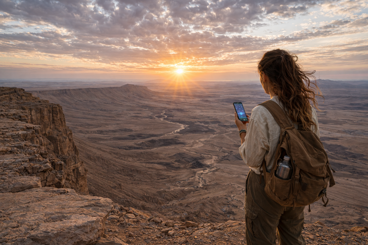 Ramon Crater and a traveler using a smartphone with an eSIM against a desert landscape