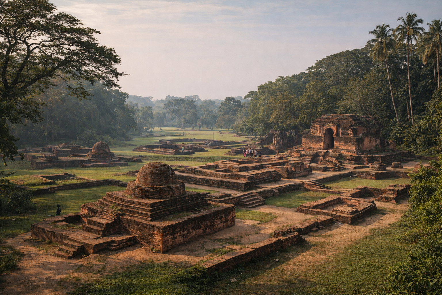 אתרים ארכיאולוגיים של קומילה בתוך נוף ירוק עם מבנים היסטוריים
