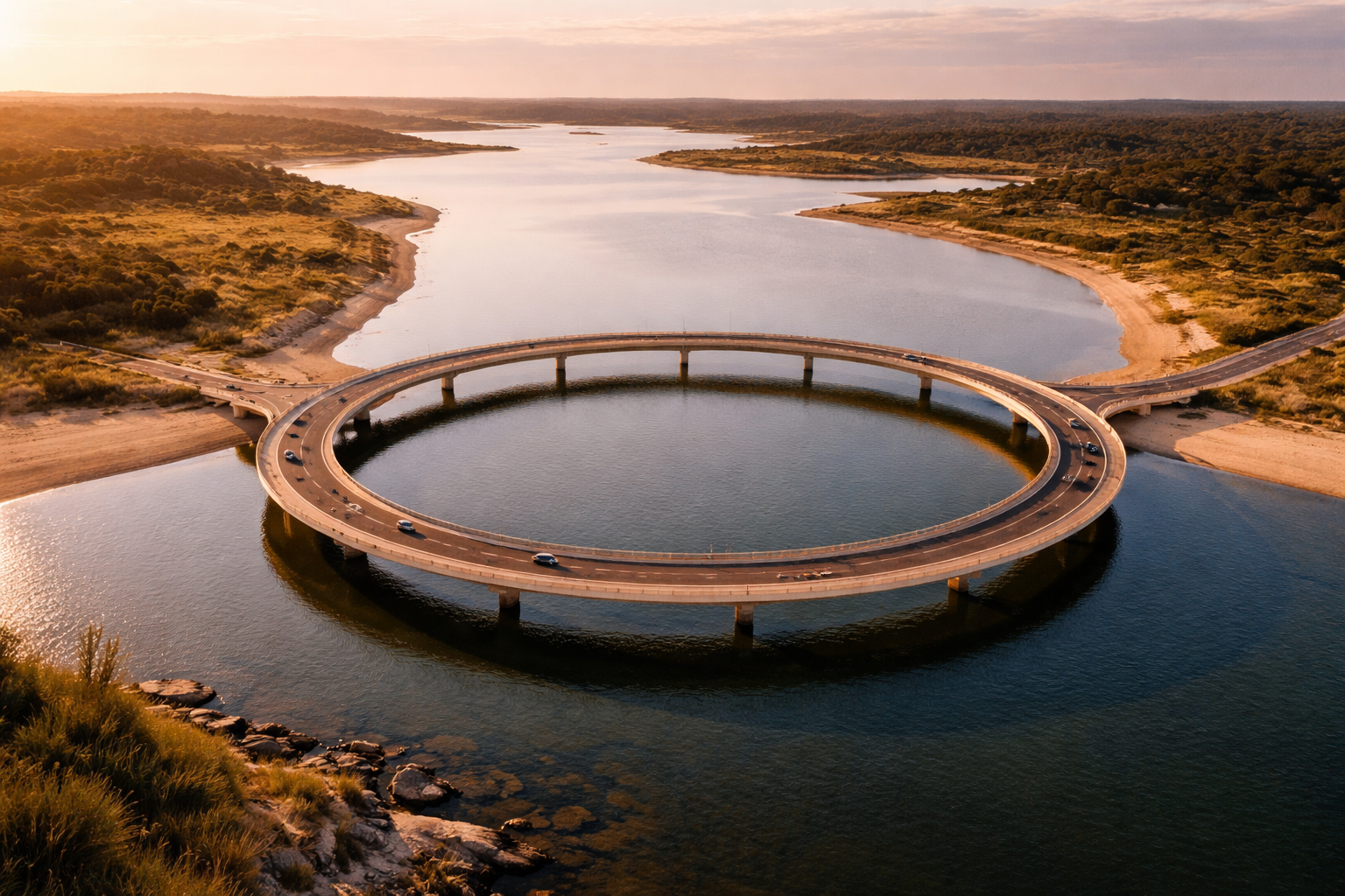 ラグーナ・ガルソンの円形橋、水、自然、ウルグアイの独特な建築と美しい自然景観