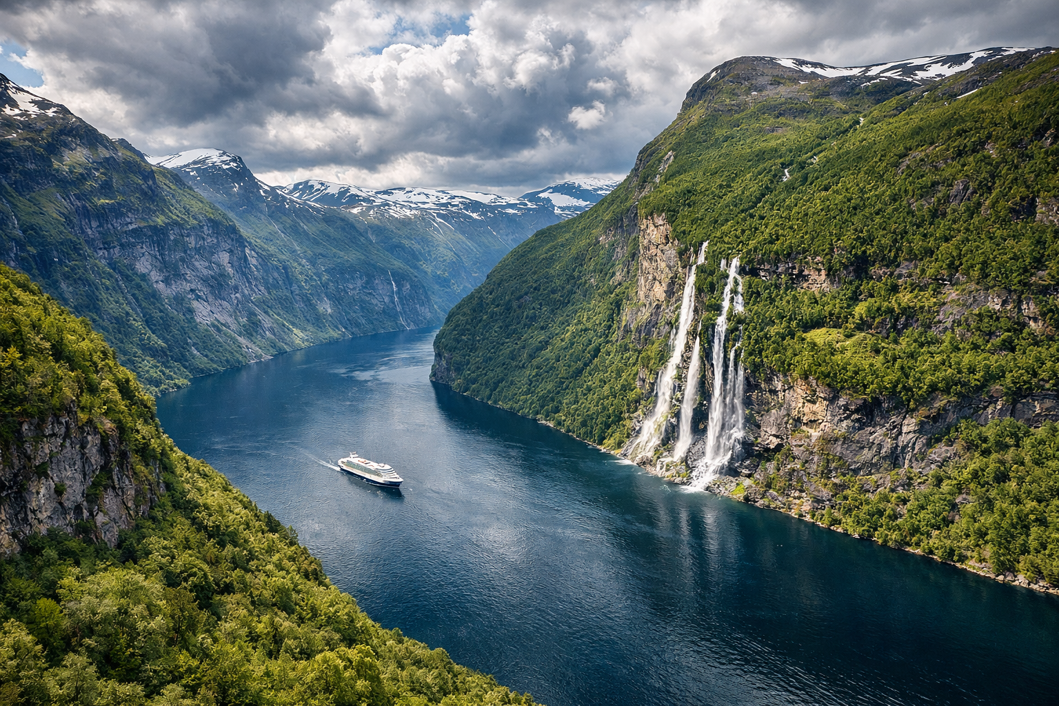 Geirangerfjord in Norway – a fjord panorama with waterfalls and a cruise ship among mountains