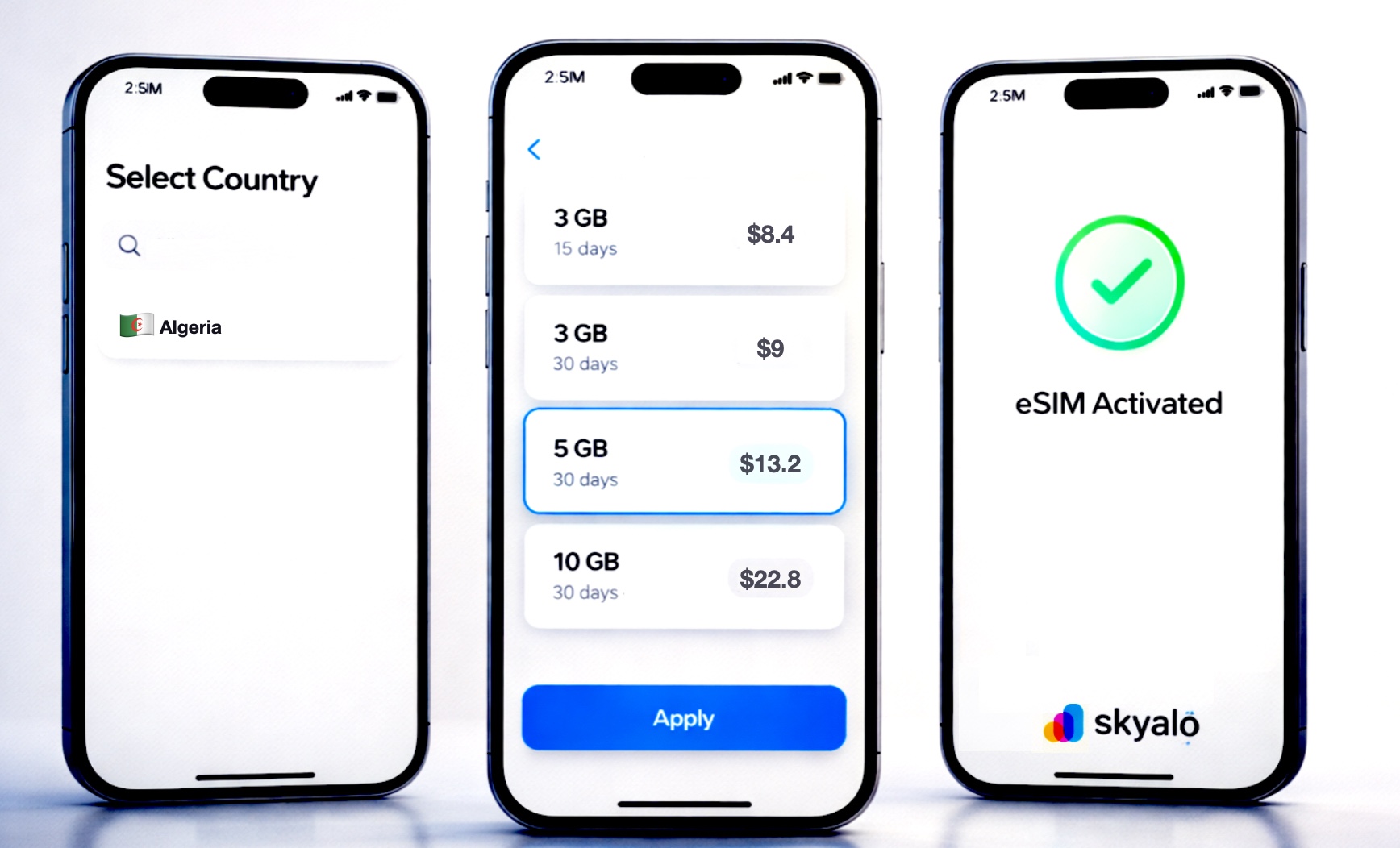 Choosing an eSIM plan for Algeria in the Skyalo app and confirming activation on a smartphone