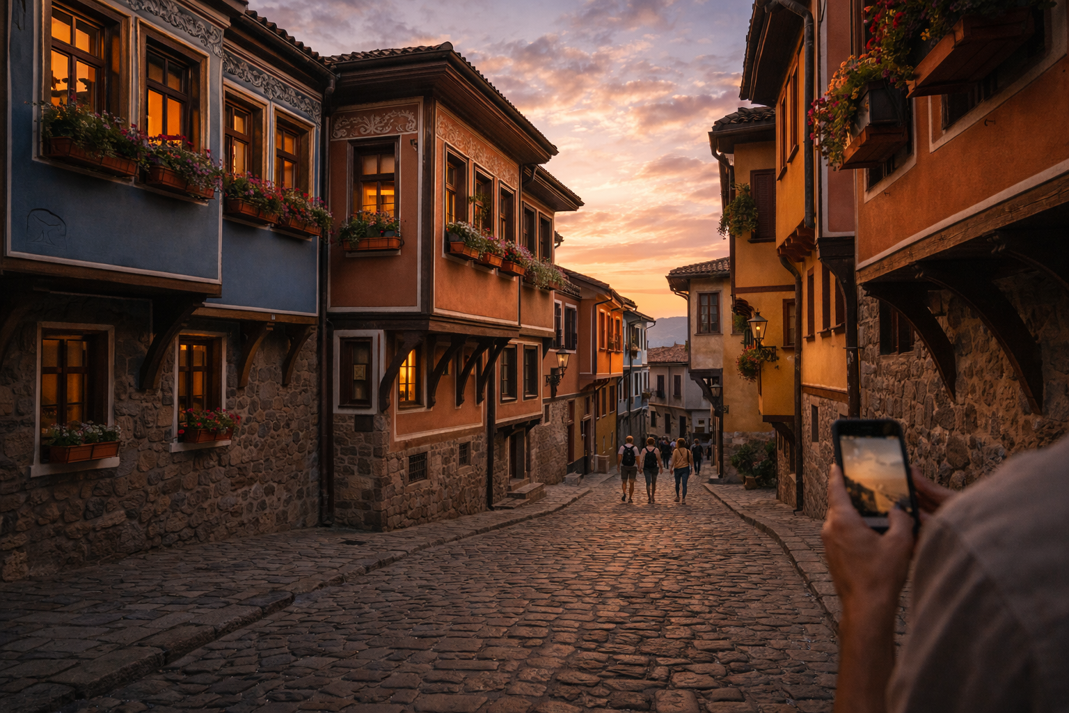 Plovdiv Old Town with cobblestone streets and tourists using eSIM internet