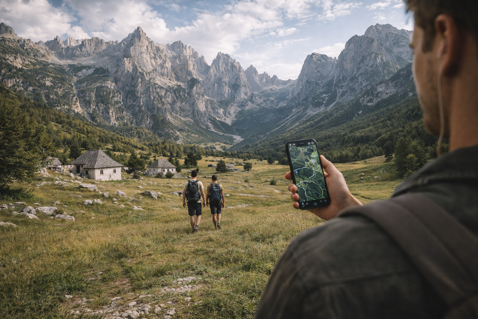 A mountain trail in the Albanian Alps with panoramic views