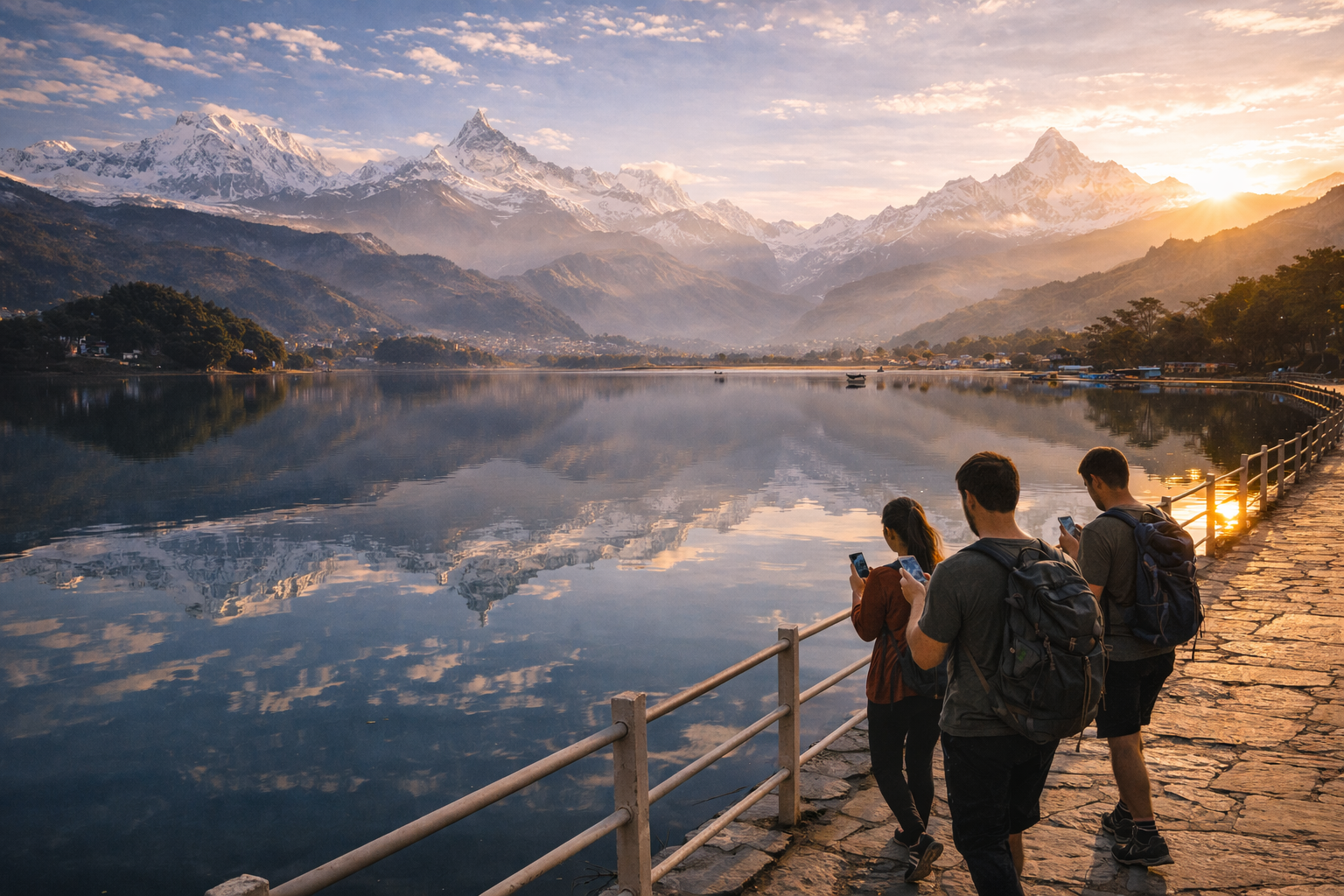 Viaggiatori passeggiano al lago Phewa con smartphone ed eSIM