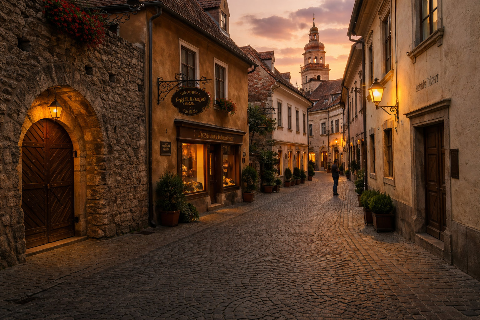 רחובות שופרון עם תיירים ברקע ואדריכלות מימי הביניים