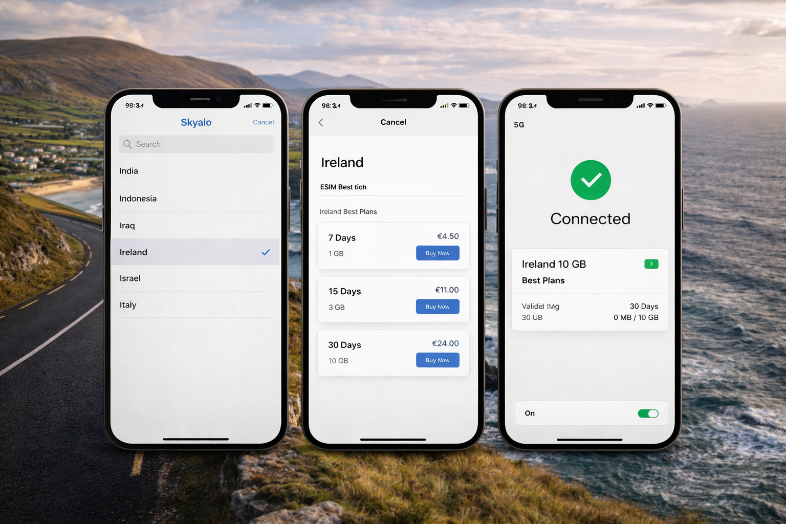 שלושה סמארטפונים עם חיבור eSIM לאירלנד שלב אחר שלב: בחירת מדינה, בחירת חבילה והפעלה מוצלחת של האינטרנט הסלולרי.