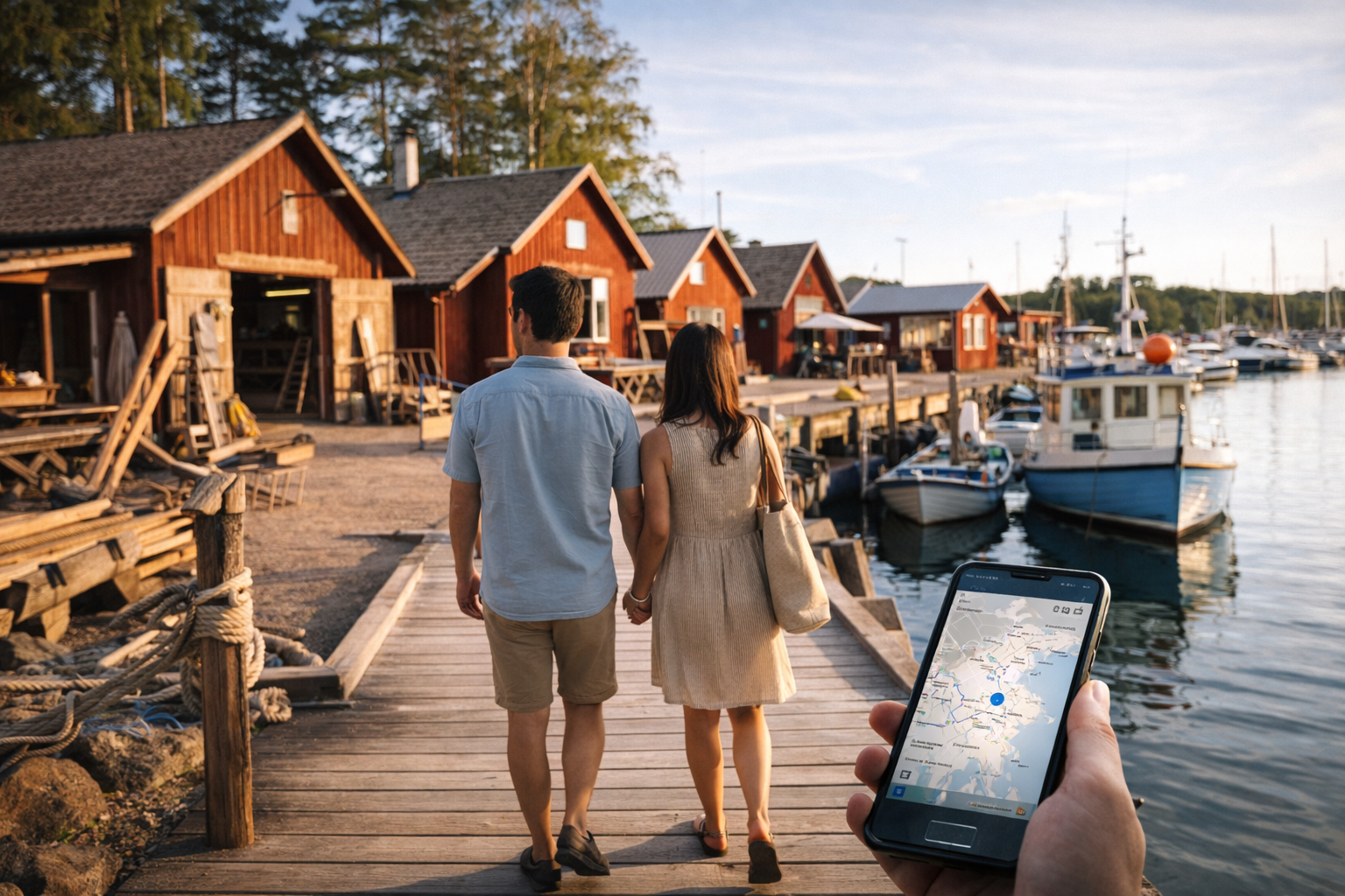 Red wooden buildings in the Sjökvarteret district in Mariehamn and travelers with eSIM on the pier