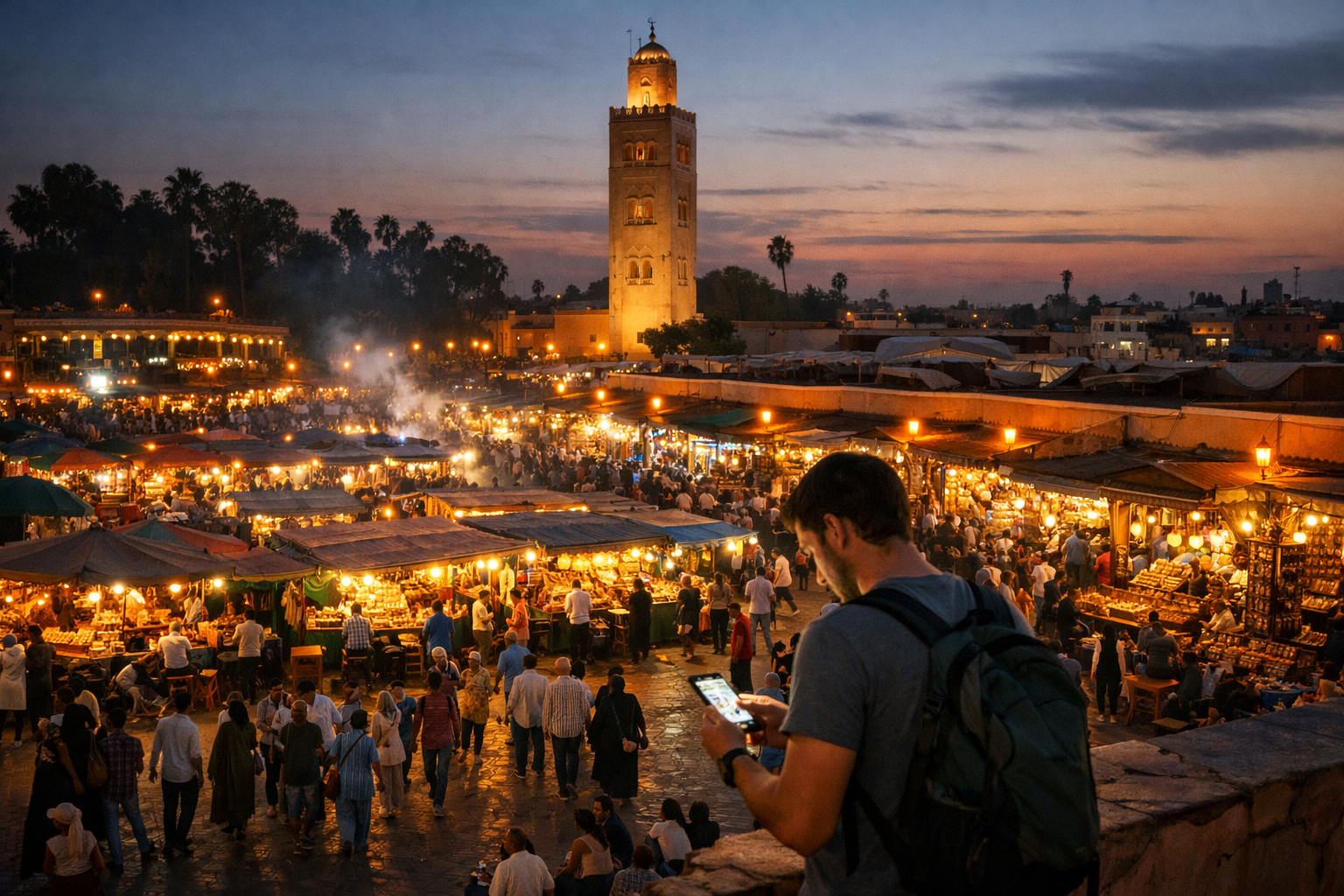 Jemaa el-Fnaa Square in Marrakech in the evening.