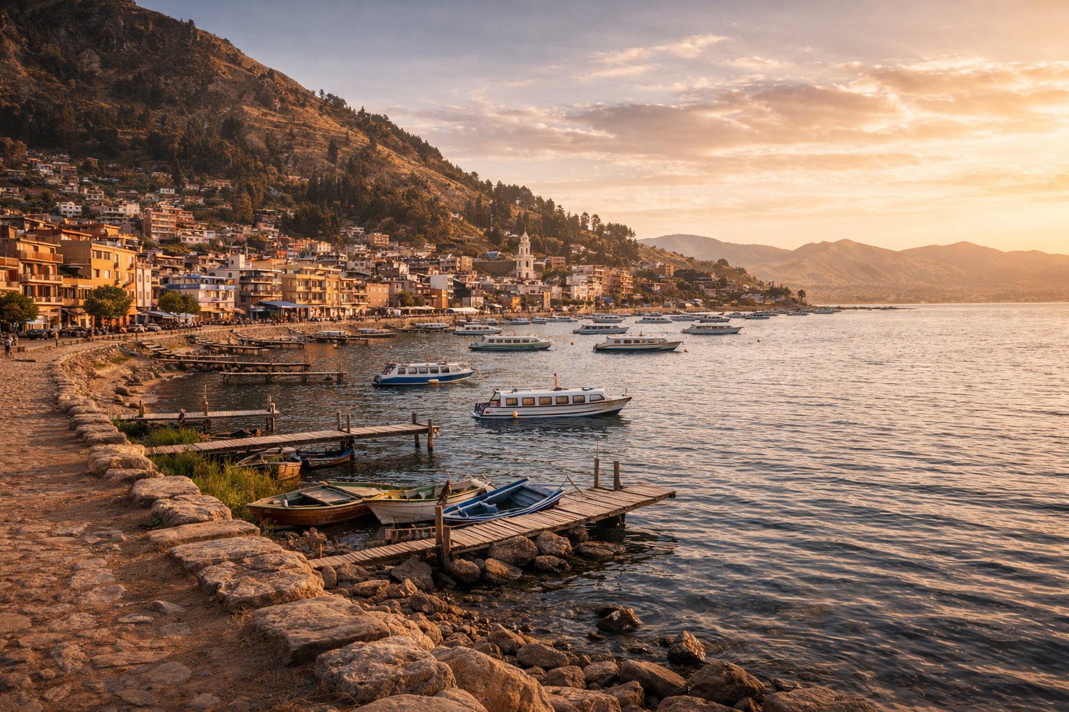 קופקבנה בבוליביה עם חוף אגם טיטיקקה, סירות, בנייה עירונית על המדרון ואור ערב רך.