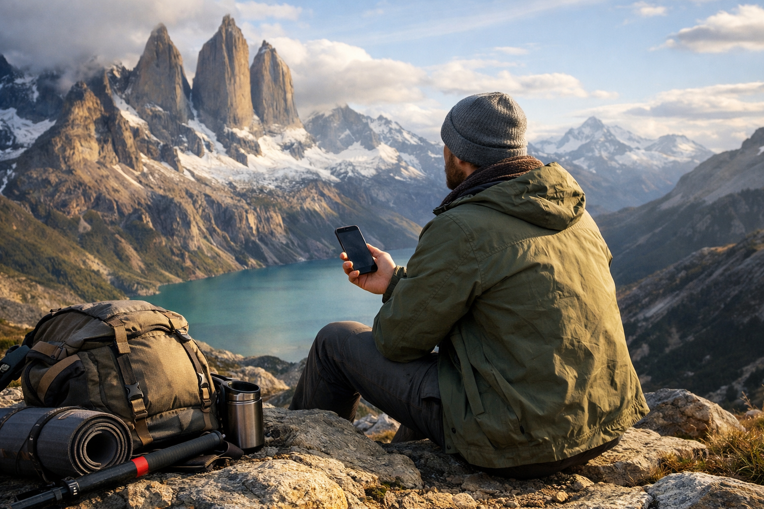 Viaggiatore usa uno smartphone con eSIM in un punto panoramico della Patagonia cilena