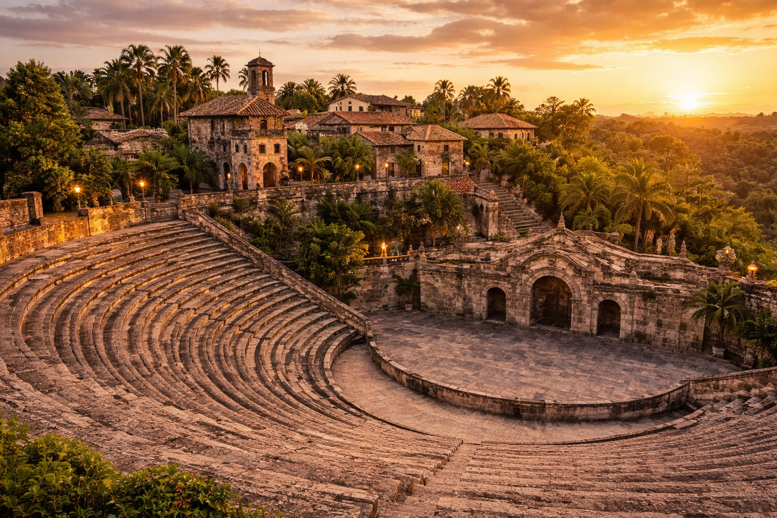 Arquitectura de pedra i amfiteatre d’Altos de Chavón a la posta de sol