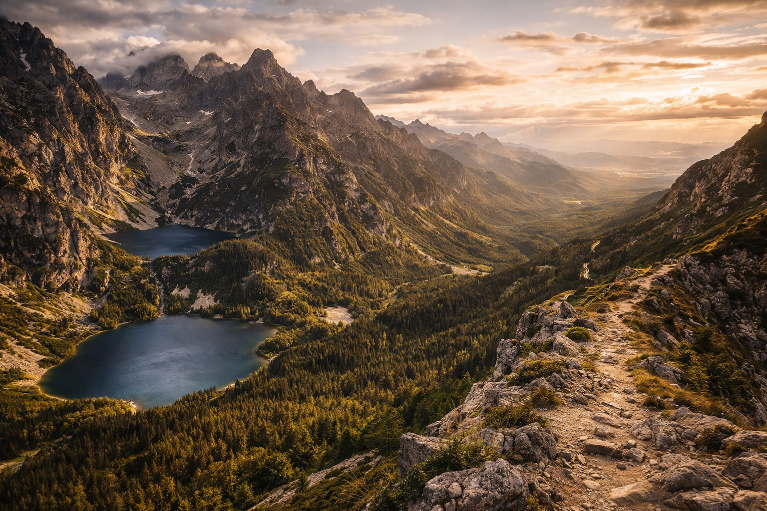 הטאטרה הגבוהים בסלובקיה עם פסגות הרים עוצמתיות, יערות, שבילים ואווירה אלפינית