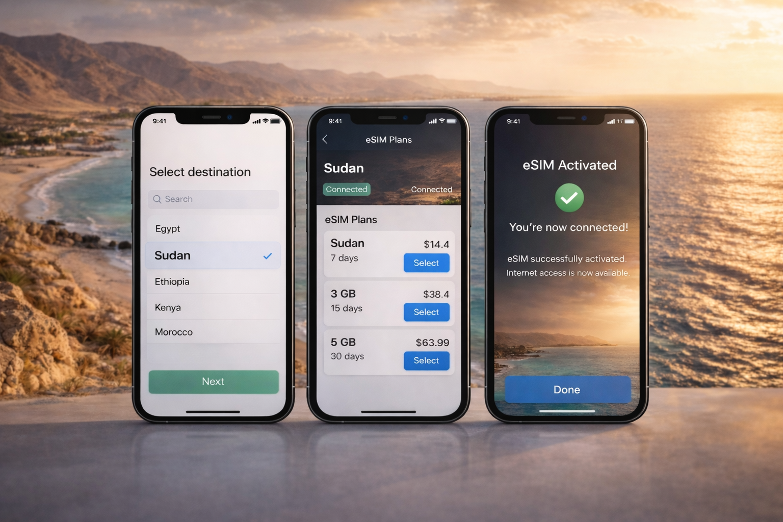 שלושה סמארטפונים עם הפעלה של eSIM לסודן בשלבים: בחירת מדינה, בחירת חבילה והפעלה מוצלחת של האינטרנט הסלולרי.