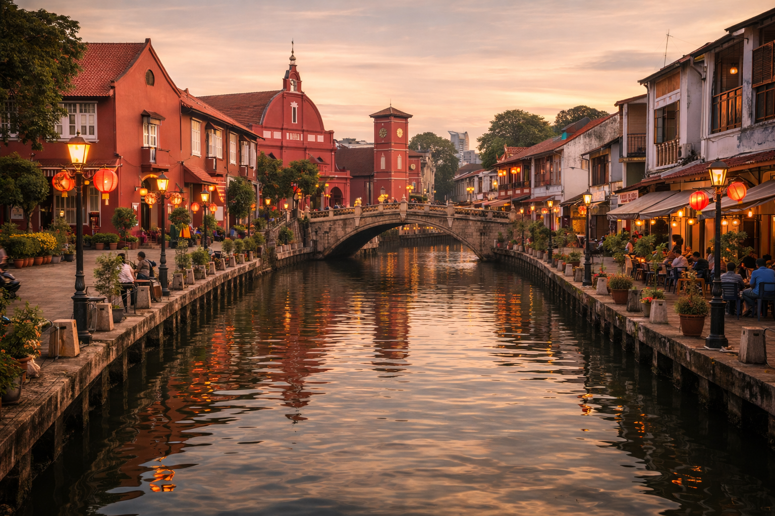 Исторический центр Малакки с красными колониальными зданиями, набережной, мостами и уютной атмосферой старого города