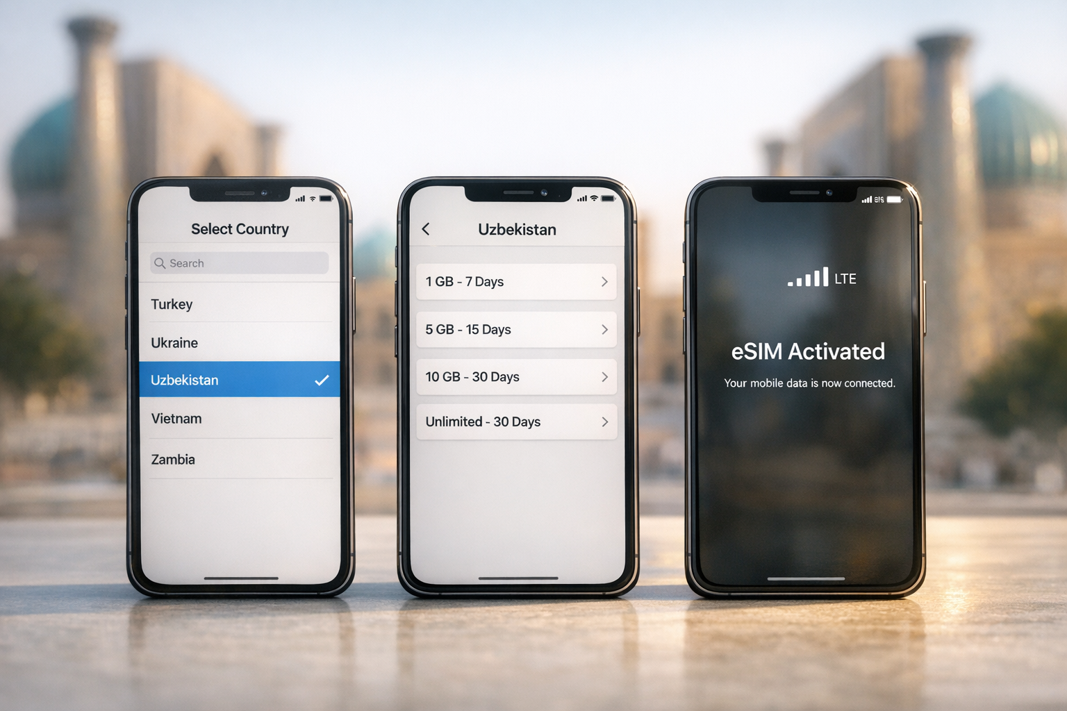Attivazione eSIM passo passo per l’Uzbekistan su tre smartphone: scelta del Paese, scelta del piano e attivazione riuscita di internet mobile