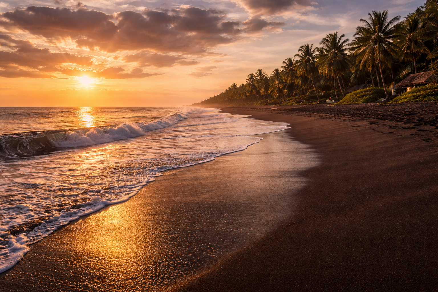מונטריקו בגואטמלה עם חול וולקני שחור, אוקיינוס ודקלים