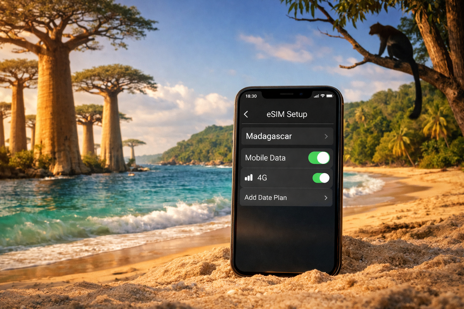 A smartphone with an activated eSIM against the backdrop of baobabs and Madagascar’s tropical coastline