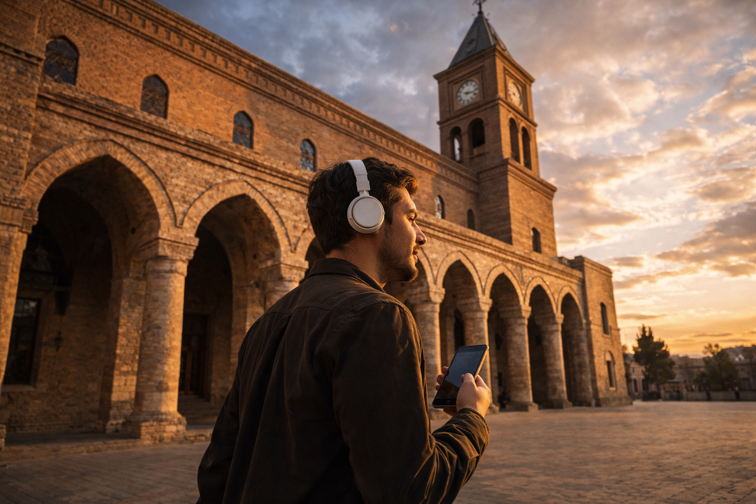 A young man in profile walks across a square in Ganja against a monumental historic building with arches and a clock tower, wearing wireless earbuds and holding a smartphone against his chest—only the slim metallic edge of the device is visible.