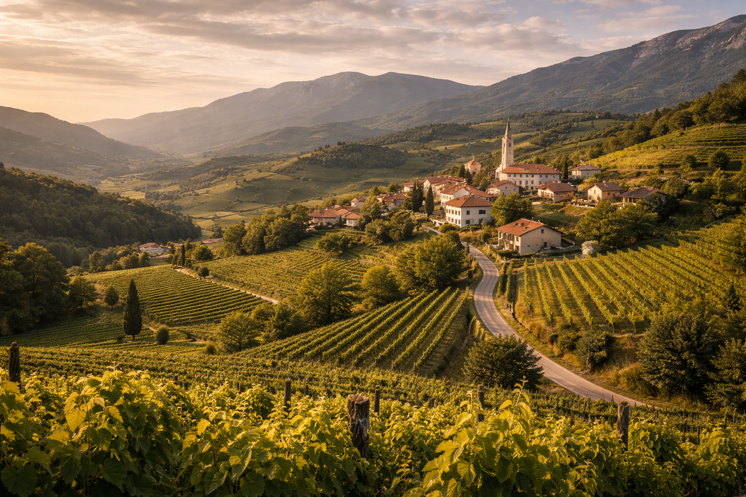עמק ויפאבה בסלובניה עם כרמים, גבעות, כבישים כפריים וכפרים נעימים באור חמים