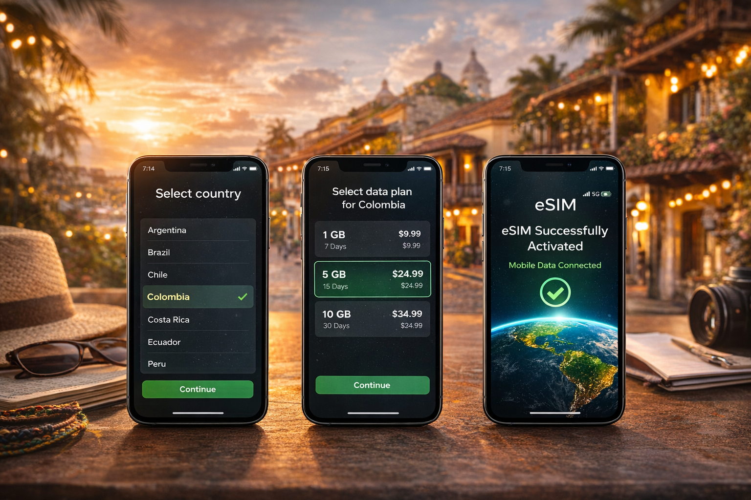 Povezivanje eSIM-a za Kolumbiju na tri pametna telefona - izbor zemlje, izbor tarife i uspešna aktivacija interneta