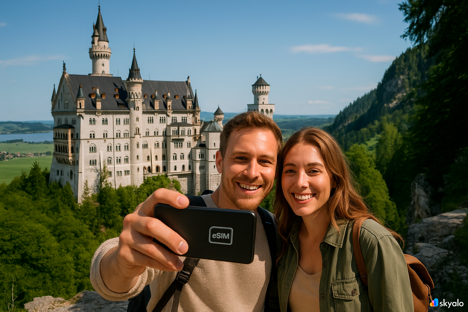 Neuschwanstein Castle; a couple takes a selfie — you can share photos with loved ones thanks to eSIM