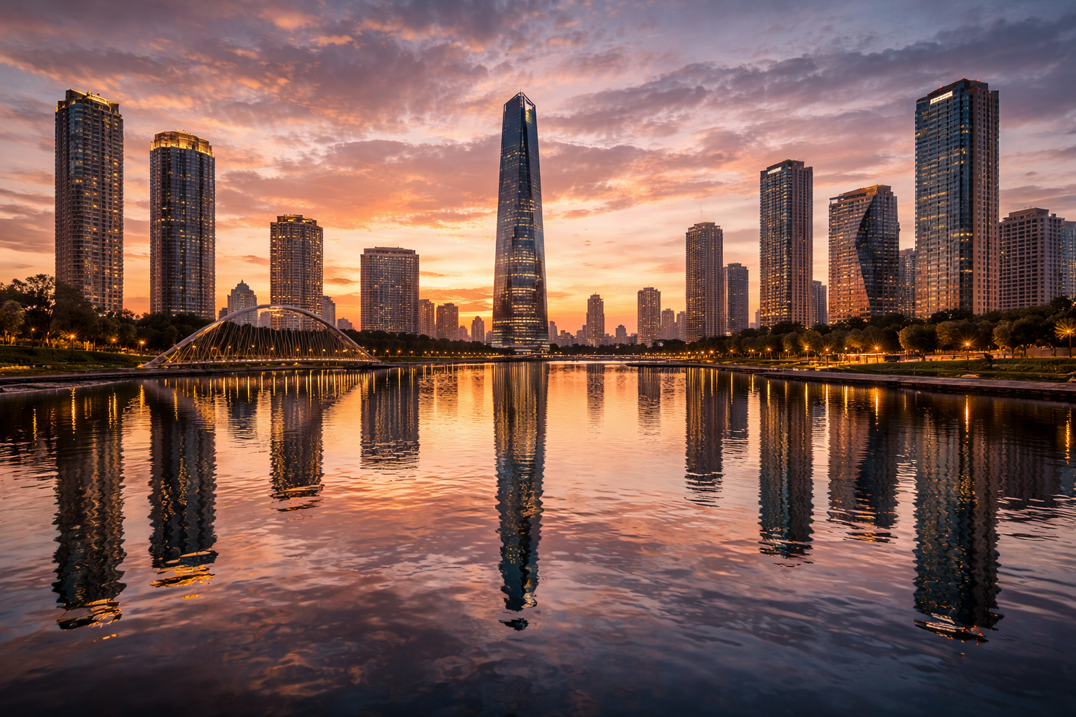 Nowoczesne Incheon nad wodą o zachodzie słońca