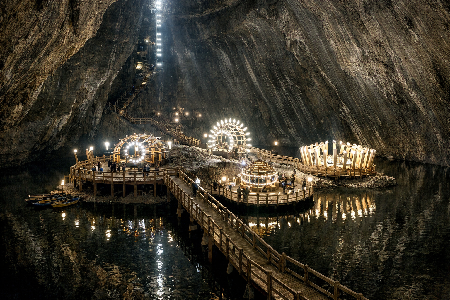 An underground hall of the Turda Salt Mine.