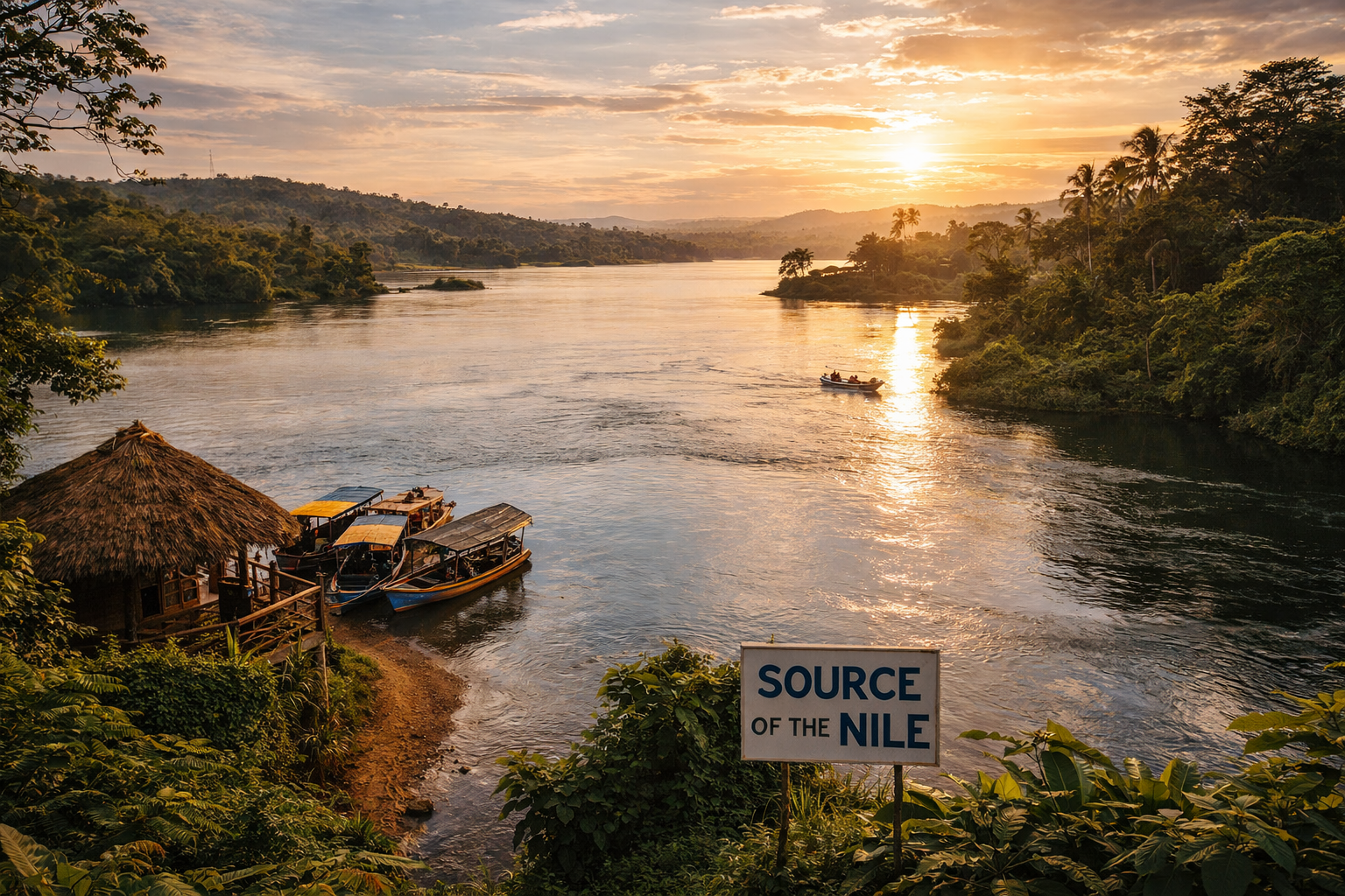 Jinja di Uganda dengan pemandangan luas Sungai Nil, tebing hijau dan suasana destinasi air yang cantik