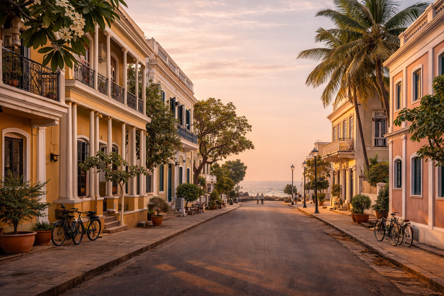 پُدُوچیری کی پُرسکون گلی، فرانسیسی نوآبادیاتی فنِ تعمیر، روشن عمارتیں، اشنکٹبندیی درخت اور نرم ساحلی روشنی۔