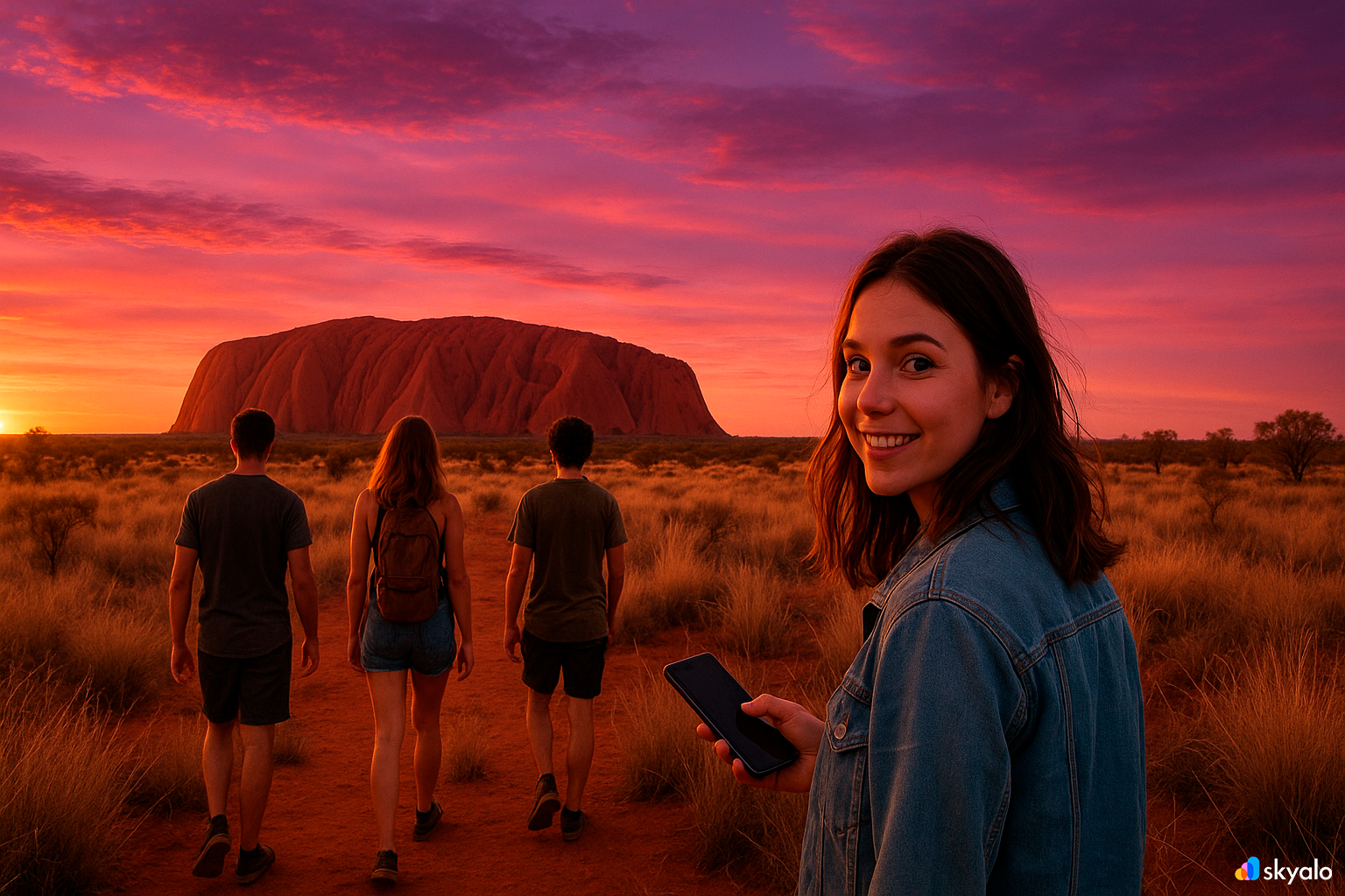 Friends heading toward Uluru in sunset tones; desert grasses and a purple sky