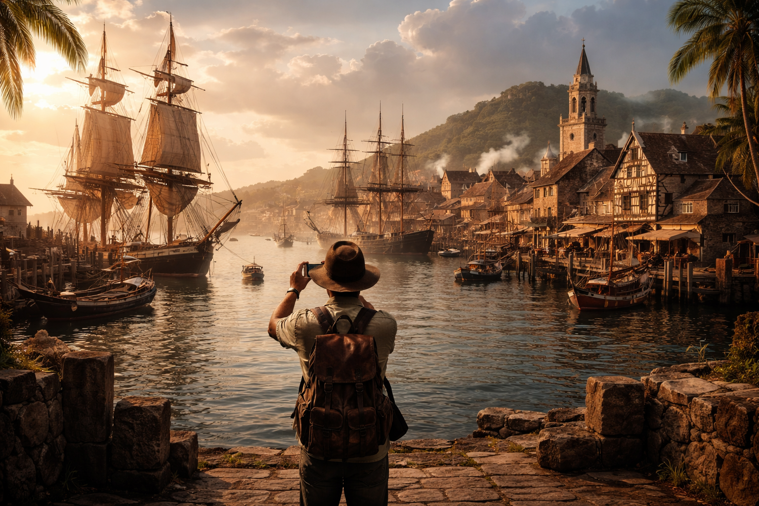 Port Royal historic harbor, a traveler in the background taking photos on a smartphone