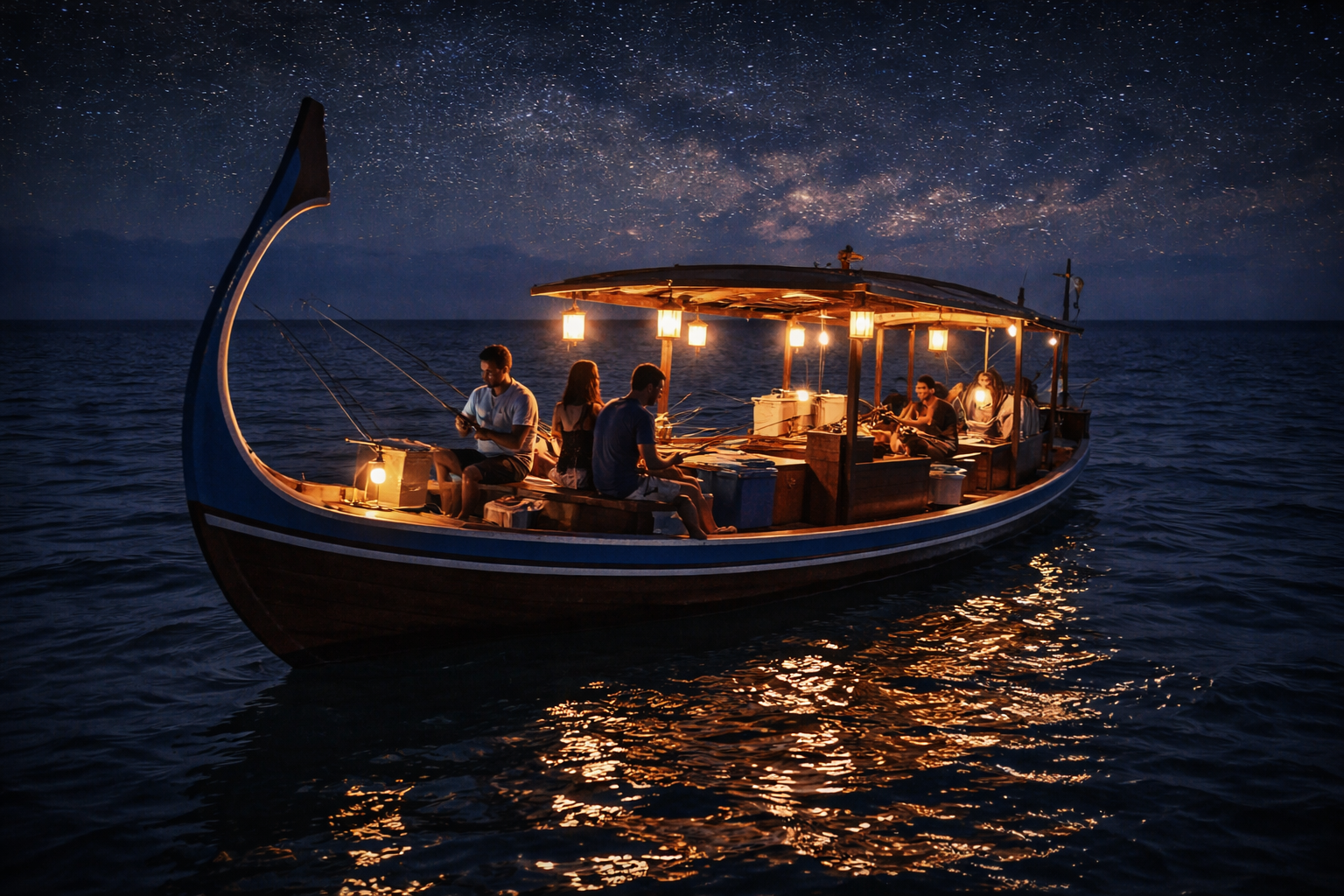Night fishing in the ocean with a boat and travelers with a smartphone