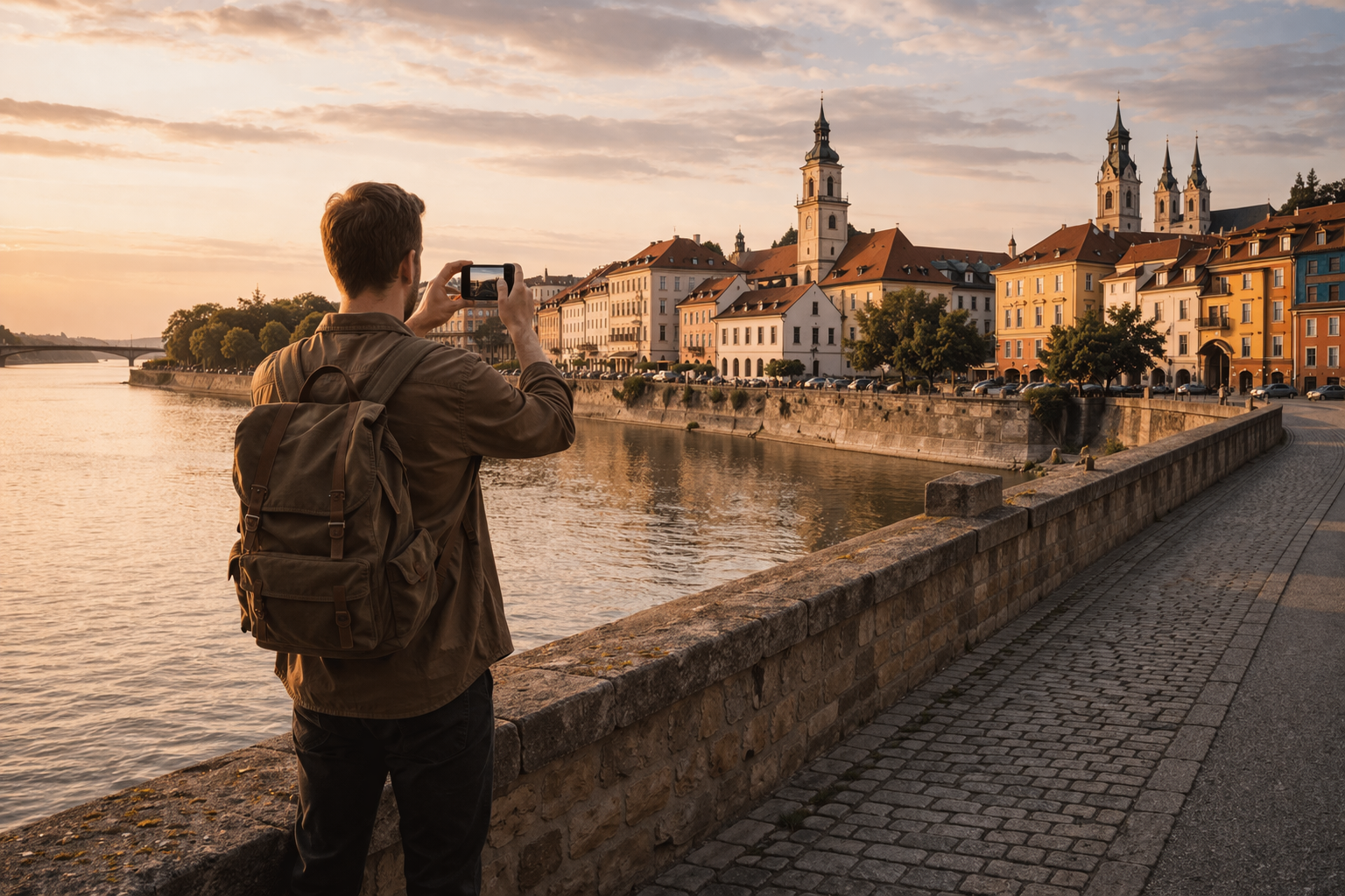 קומארנו עם אדריכלות ומטייל עם טלפון
