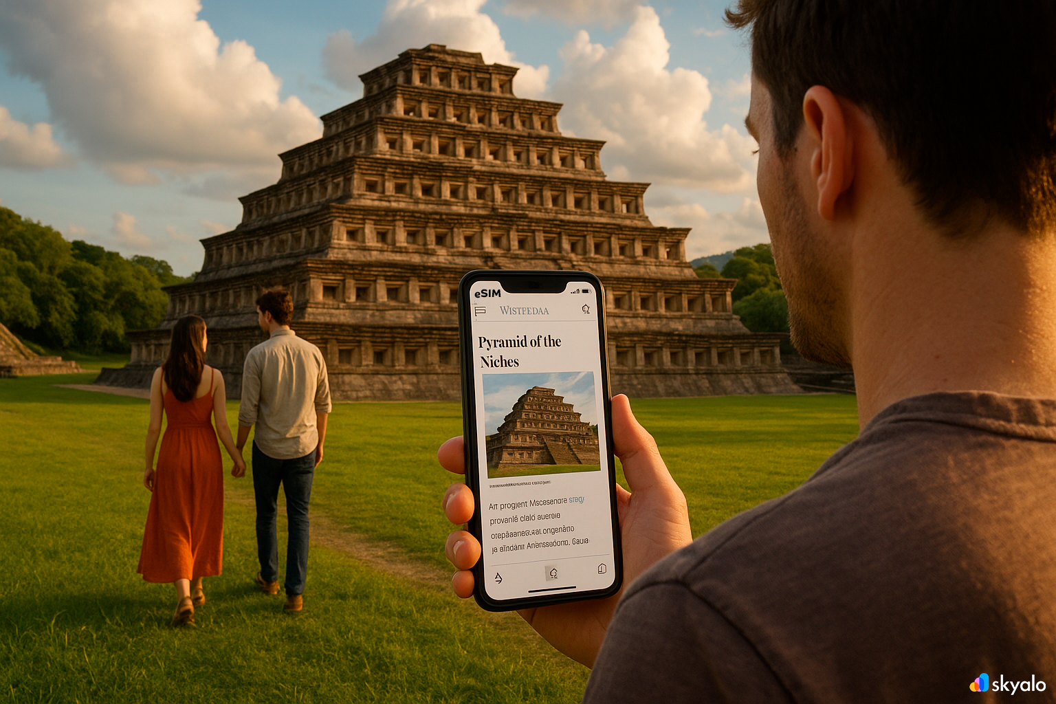 Stroll by El Tajín’s Pyramid of the Niches; close-up ornament details, green grass and clouds; read up via Skyalo eSIM