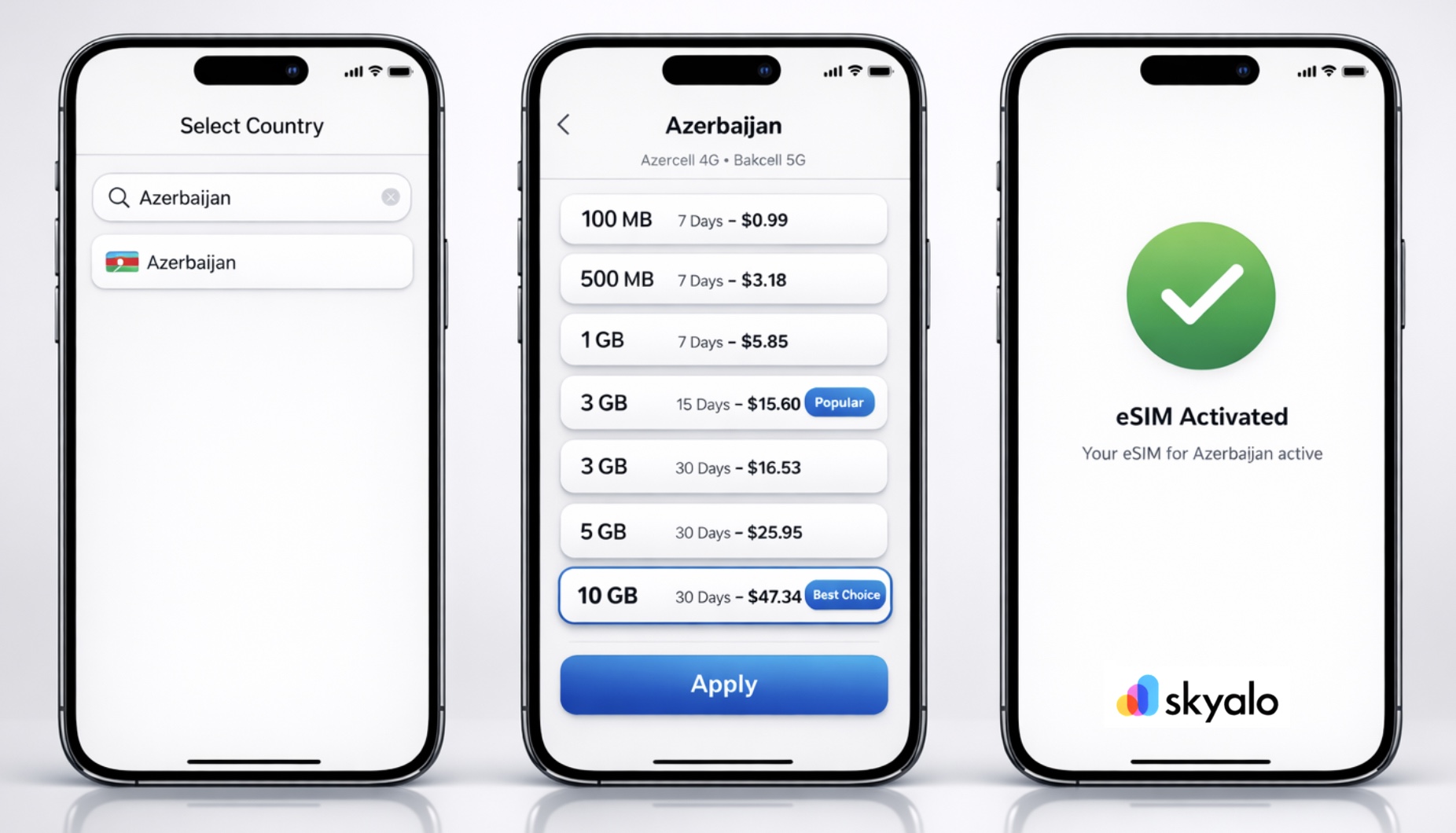 Three iPhones in an Apple Keynote style on a light-gray background show the Skyalo app interface—country selection Azerbaijan, plan options with prices, and a successful eSIM activation screen.