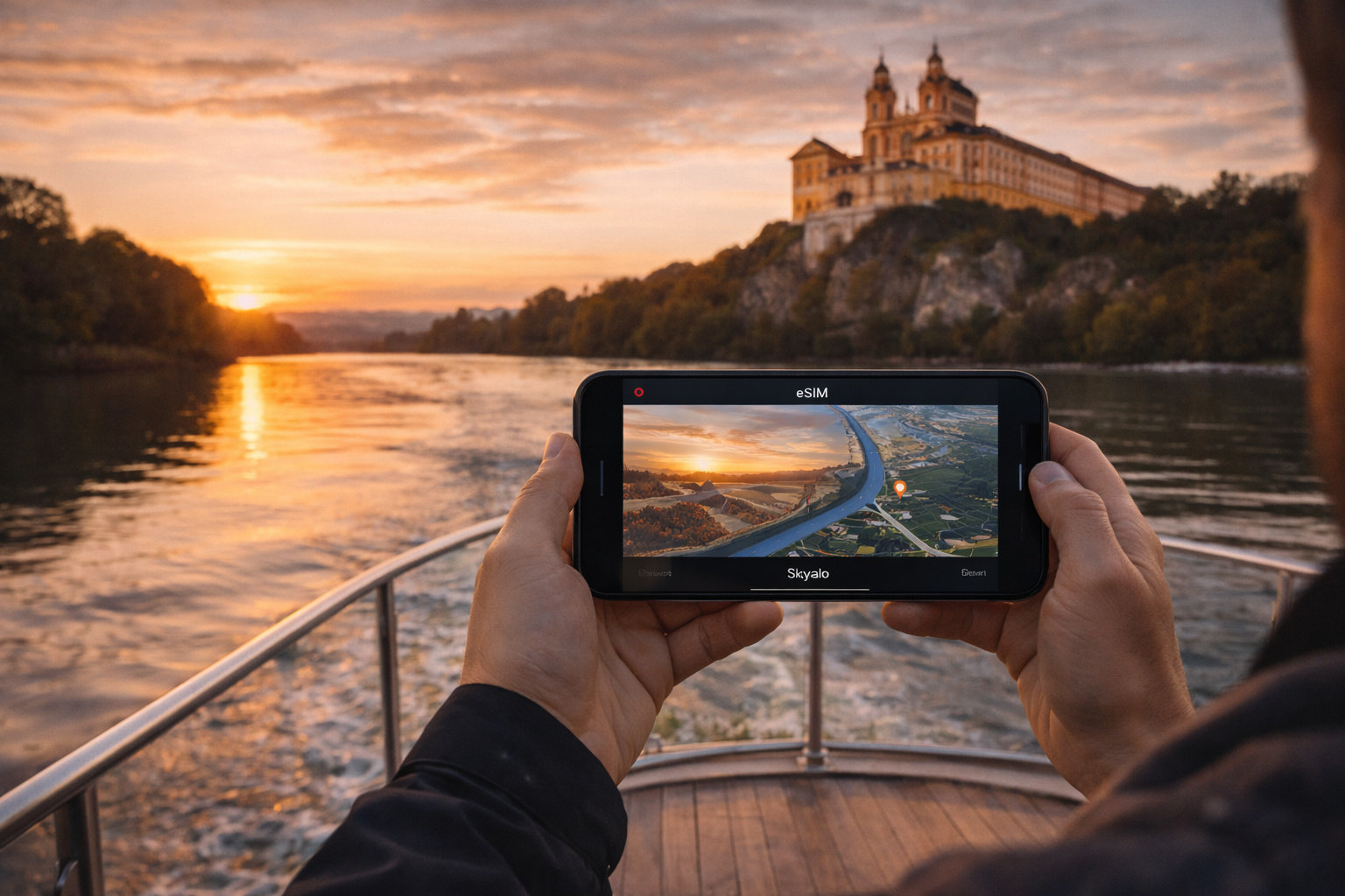 Navigating the Danube near Melk Abbey via a smartphone with an eSIM