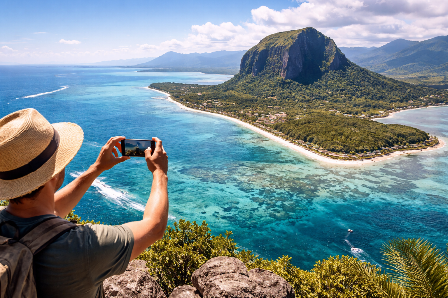 Le Morne Brabant viewpoint in Mauritius with panoramic views of the lagoon and coastline, plus a traveler using an eSIM on a smartphone