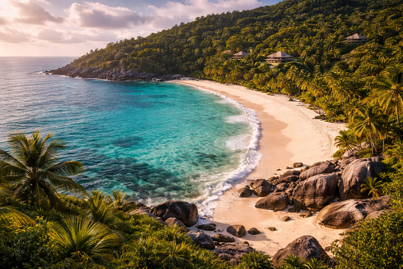 شاطئ بوتي آنس برماله البيضاء ونخيله ومياهه الفيروزية