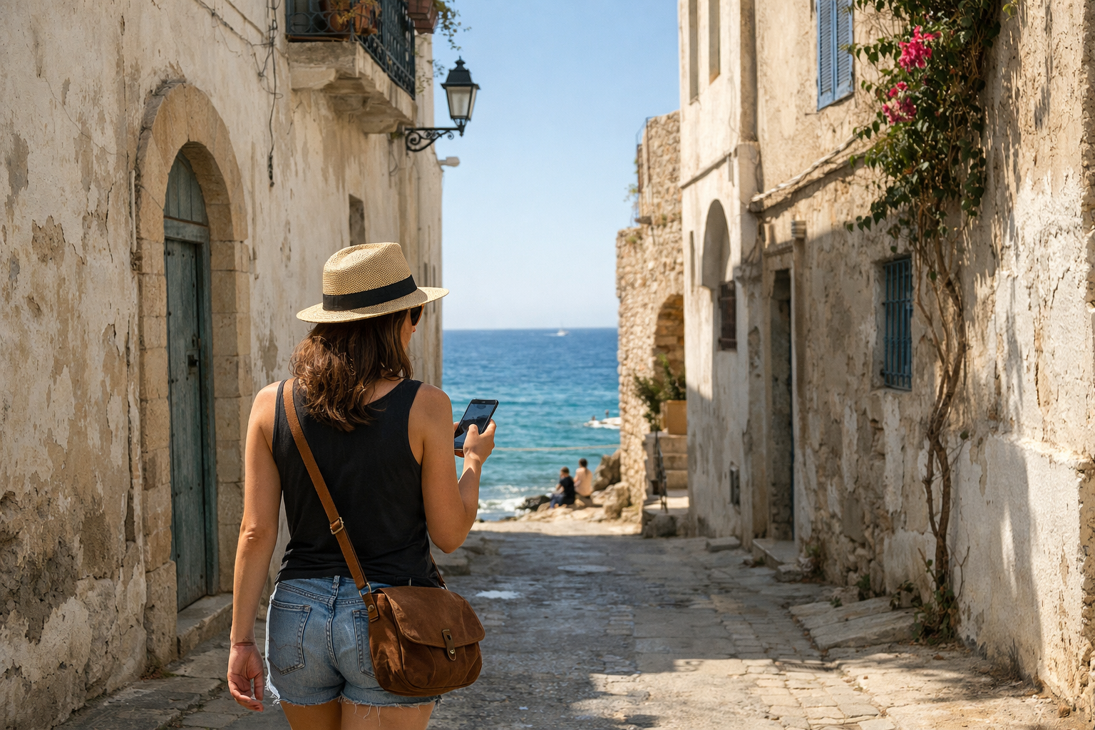 Smal gate i Mahdia med havutsikt og turist med smarttelefon