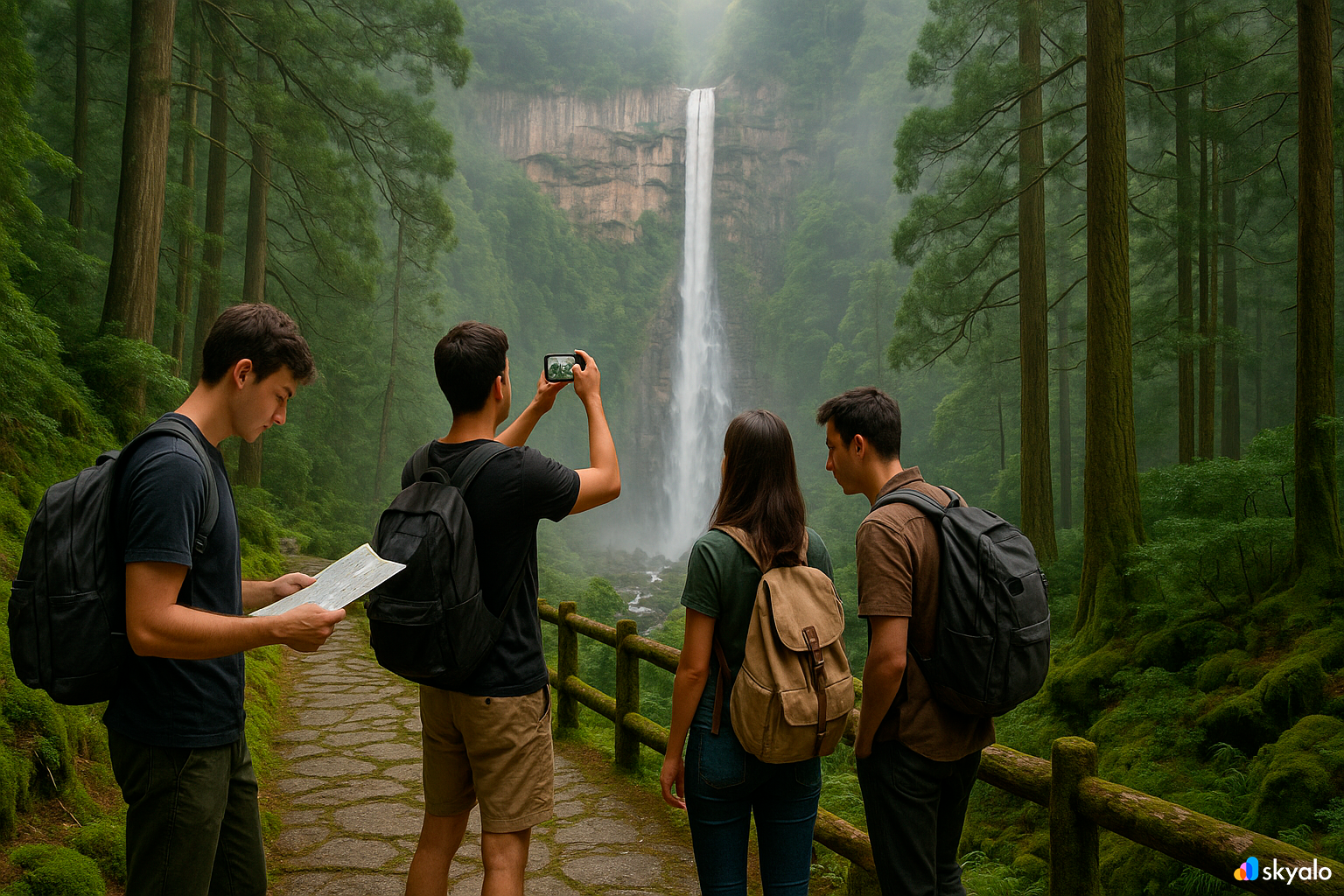 Group of friends photographing Nachi Falls on the Kumano trail; one checks the map on his phone amid mossy cedars